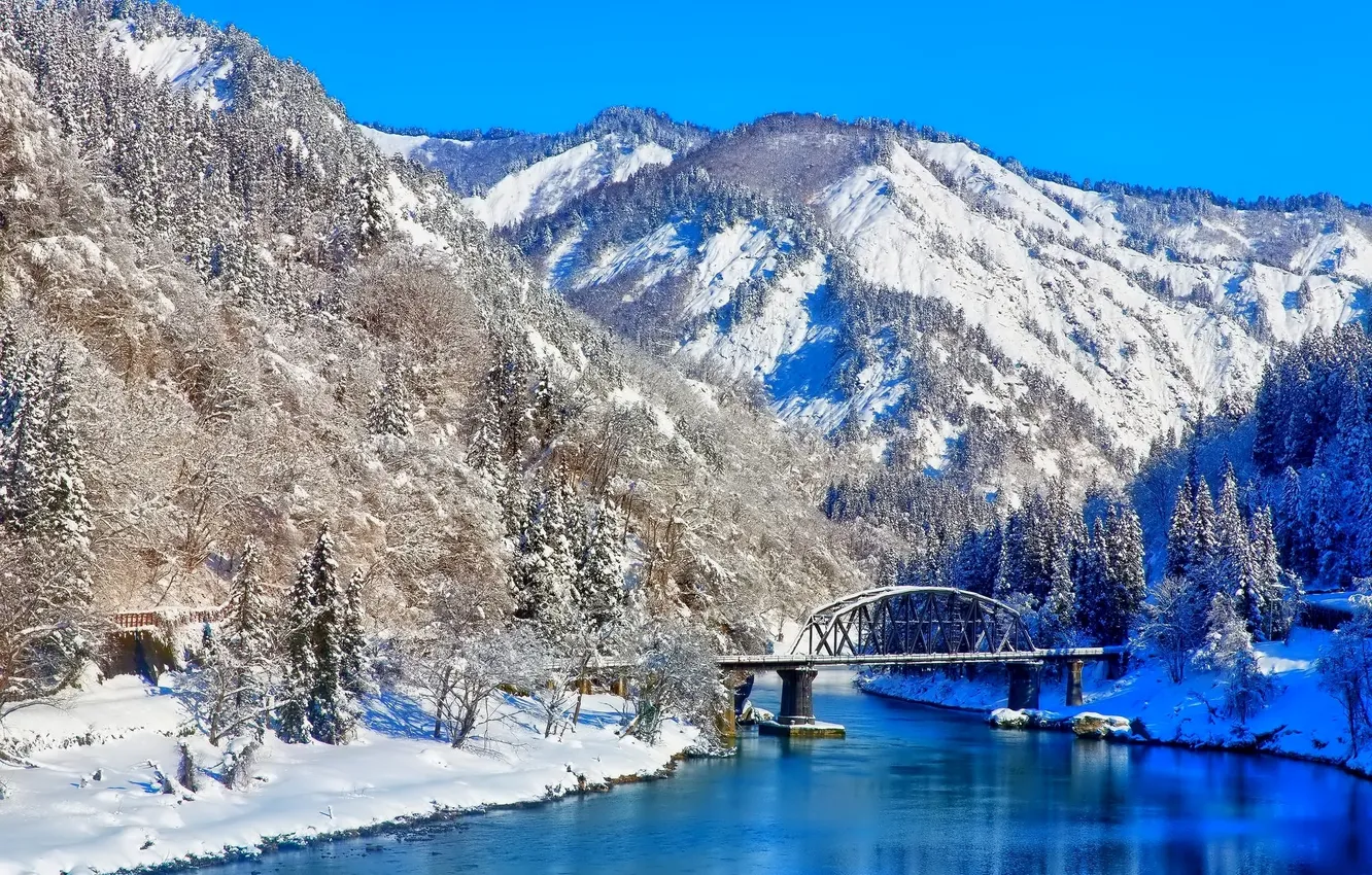 Photo wallpaper winter, snow, mountains, bridge, nature, river