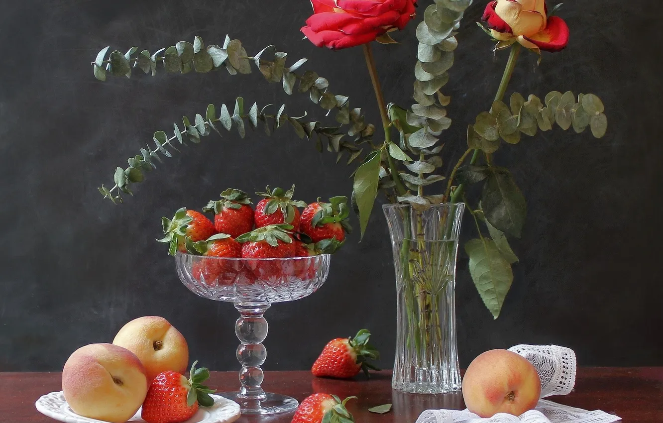 Photo wallpaper flowers, roses, strawberry, vase, still life, peaches