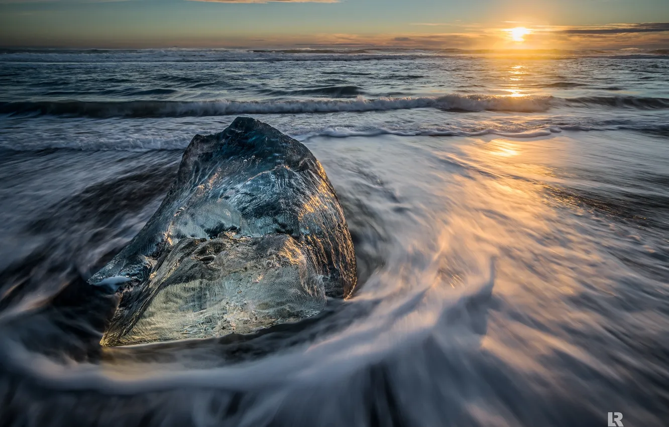 Photo wallpaper ice, water, the ocean, dawn, shore