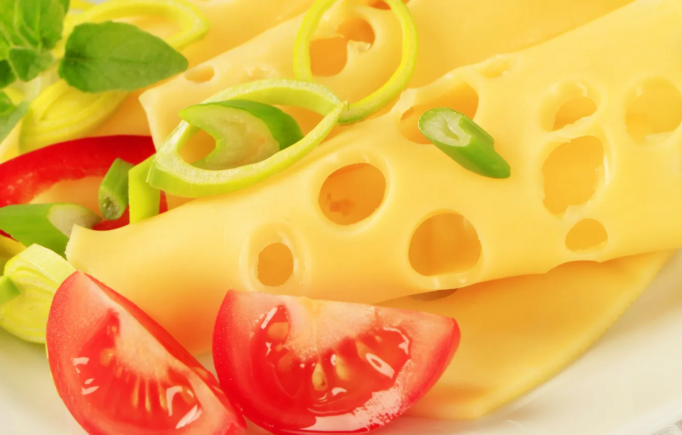Photo wallpaper cheese, pepper, tomatoes, appetizing, chunks