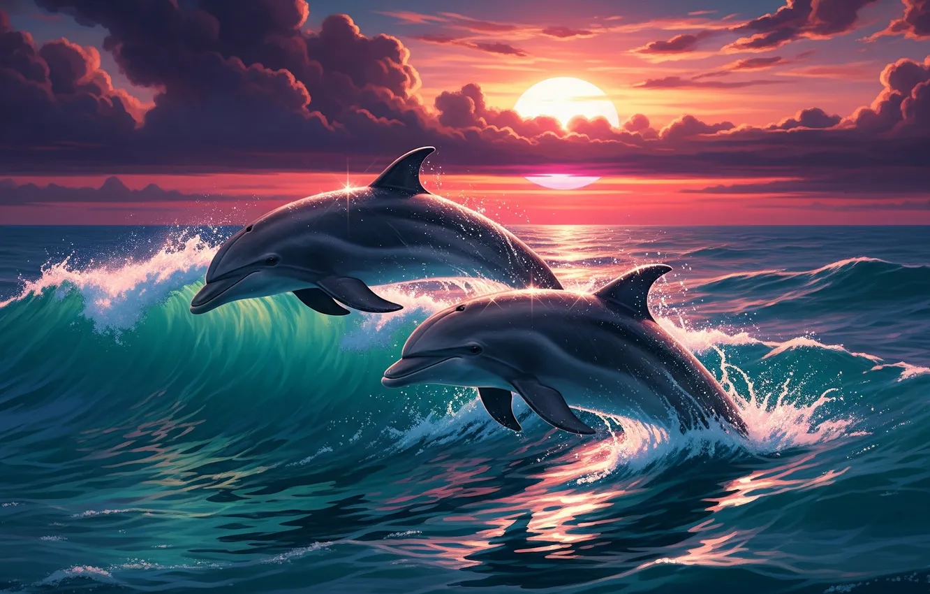 Photo wallpaper wave, sunset, Wallpaper, figure, art, dolphins, wallpaper, sunset