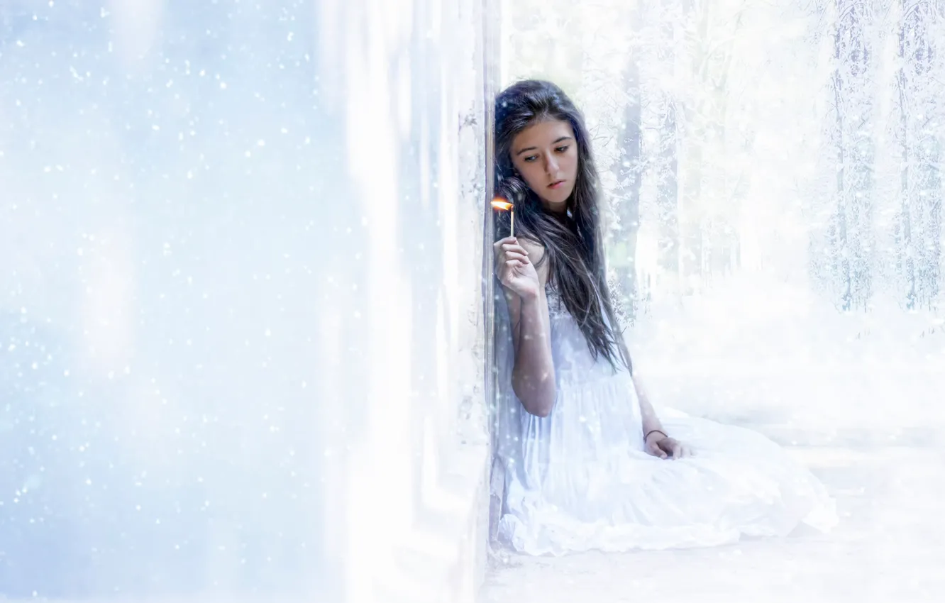 Photo wallpaper cold, snow, fire, flame, ice, match, girl