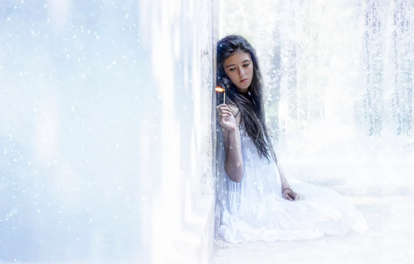 Photo wallpaper cold, ice, snow, lights, flame, matches, girl