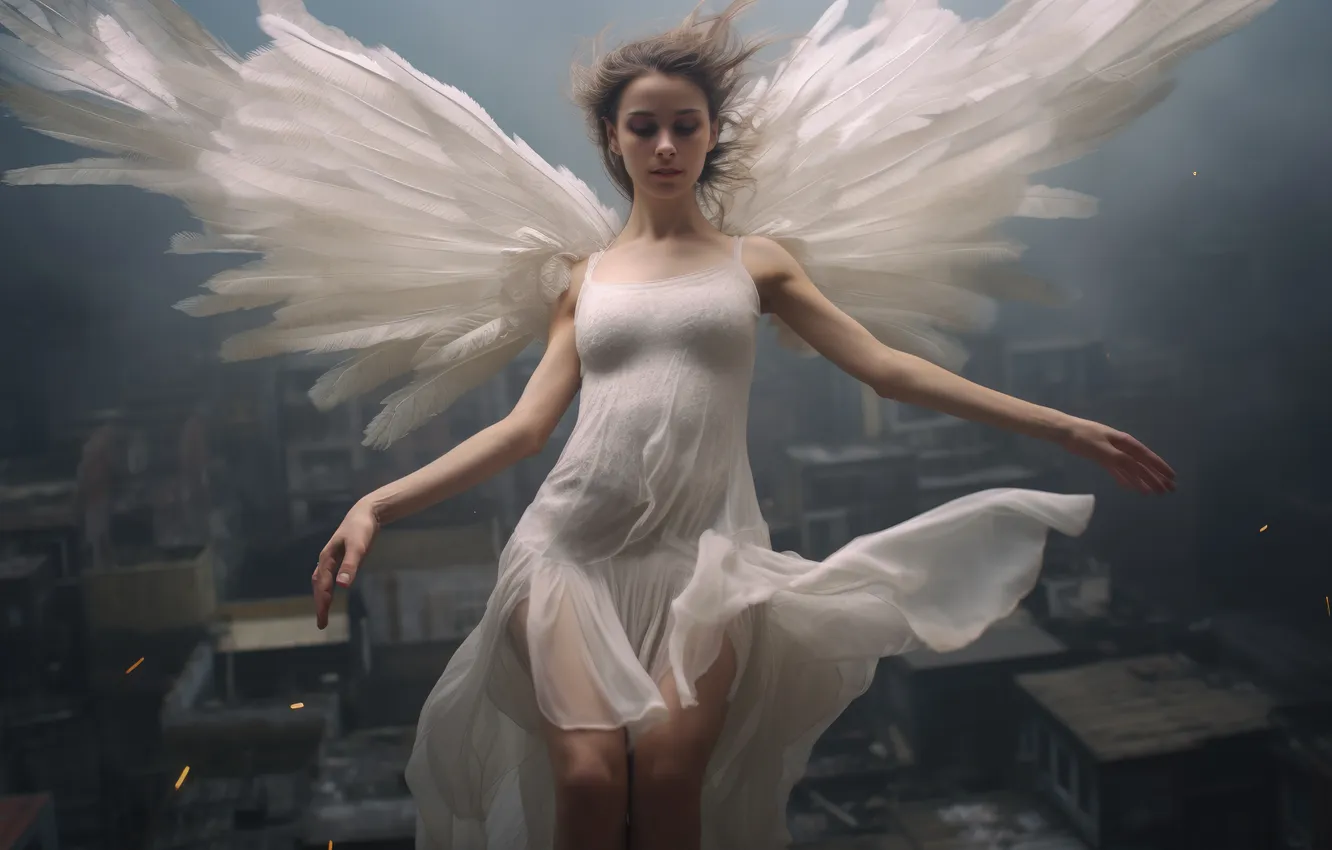 Photo wallpaper girl, hair, home, wings, angel, dress, digital art, AI art