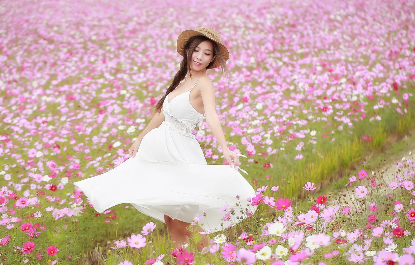 Photo wallpaper field, girl, joy, flowers, dress