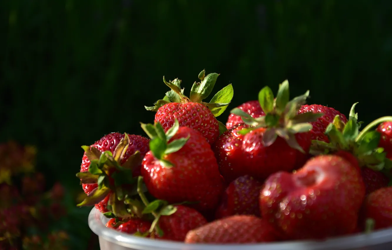 Photo wallpaper berries, the dark background, strawberry, bowl, bokeh