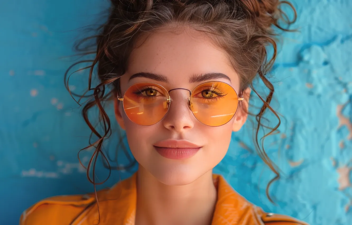 Photo wallpaper look, girl, yellow, eyelashes, smile, portrait, glasses, contrast