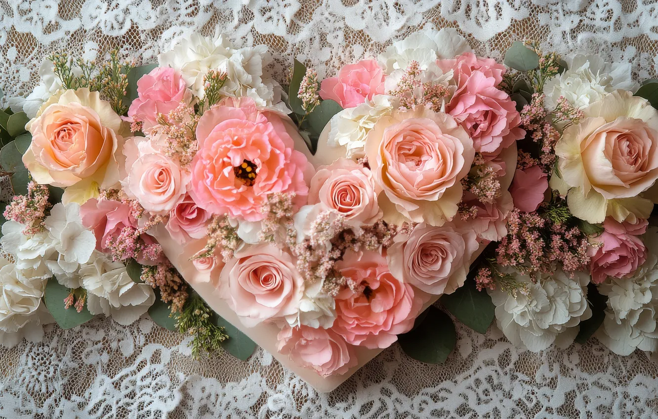 Photo wallpaper love, flowers, holiday, tenderness, heart, roses, bouquet, heart