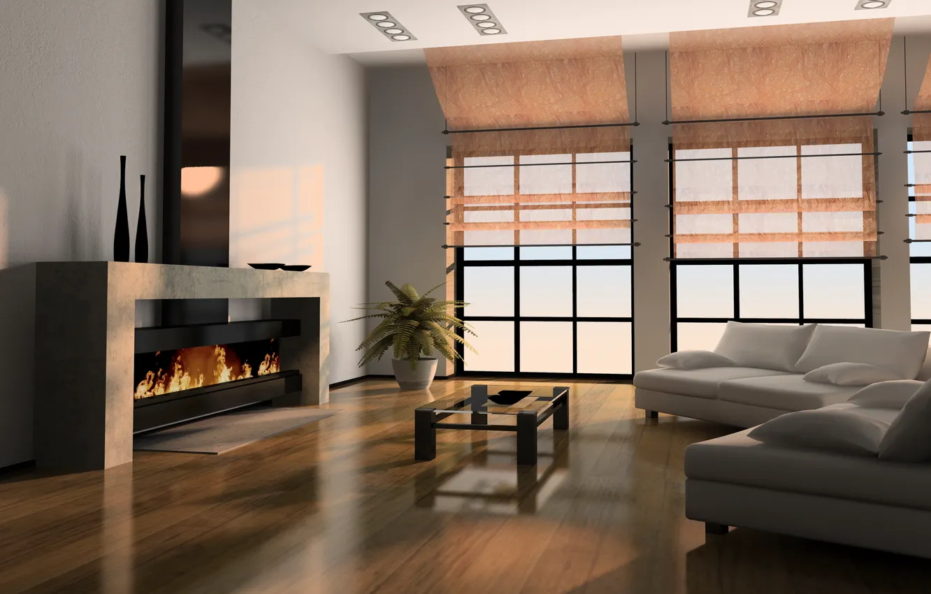 Photo wallpaper room, interior, window, fireplace, table, sofas, living room