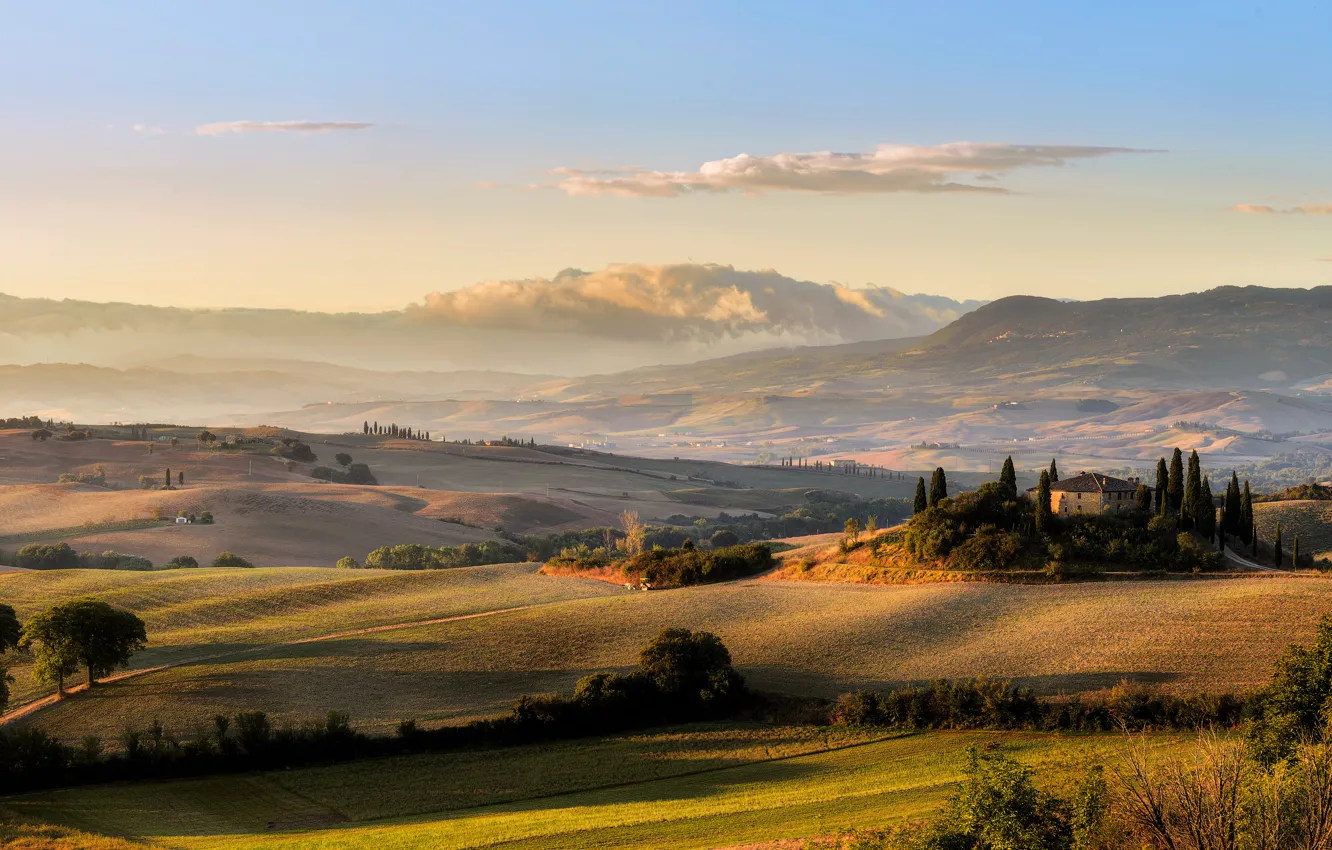 Photo wallpaper field, the sky, the sun, clouds, meadow, space, Italy, Tuscany