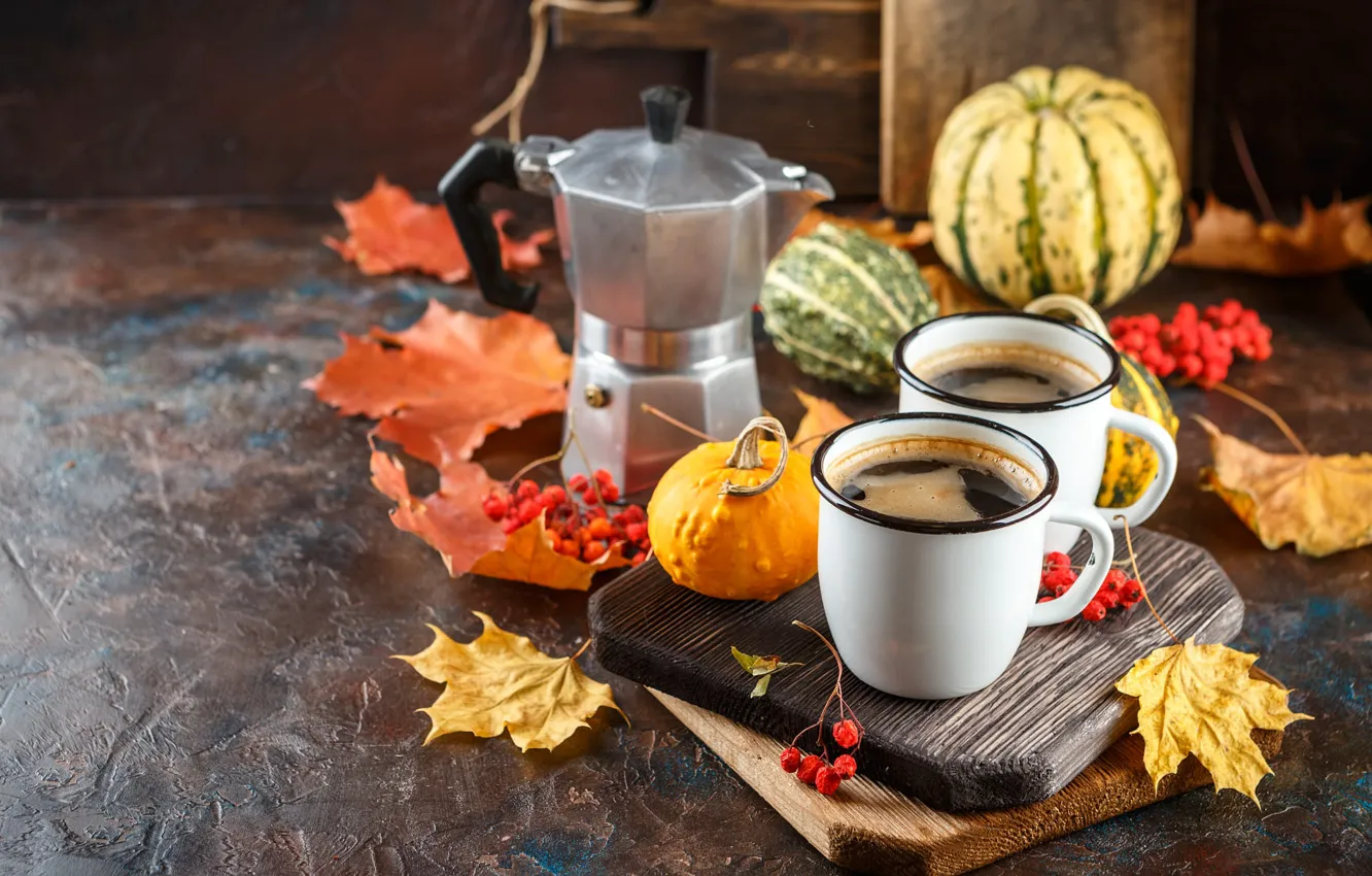 Photo wallpaper leaves, comfort, table, coffee, mug, pumpkin, drink, still life