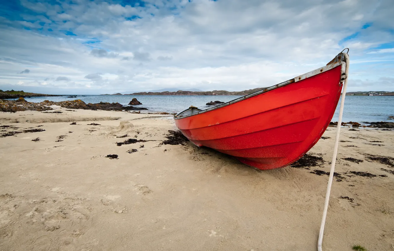 Photo wallpaper sand, clouds, shore, boat