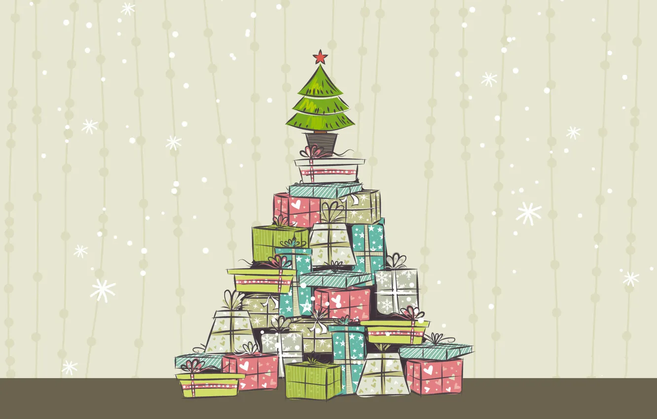 Photo wallpaper tree, new year, Christmas, vector, gifts, holiday Wallpaper, Christmas illustration