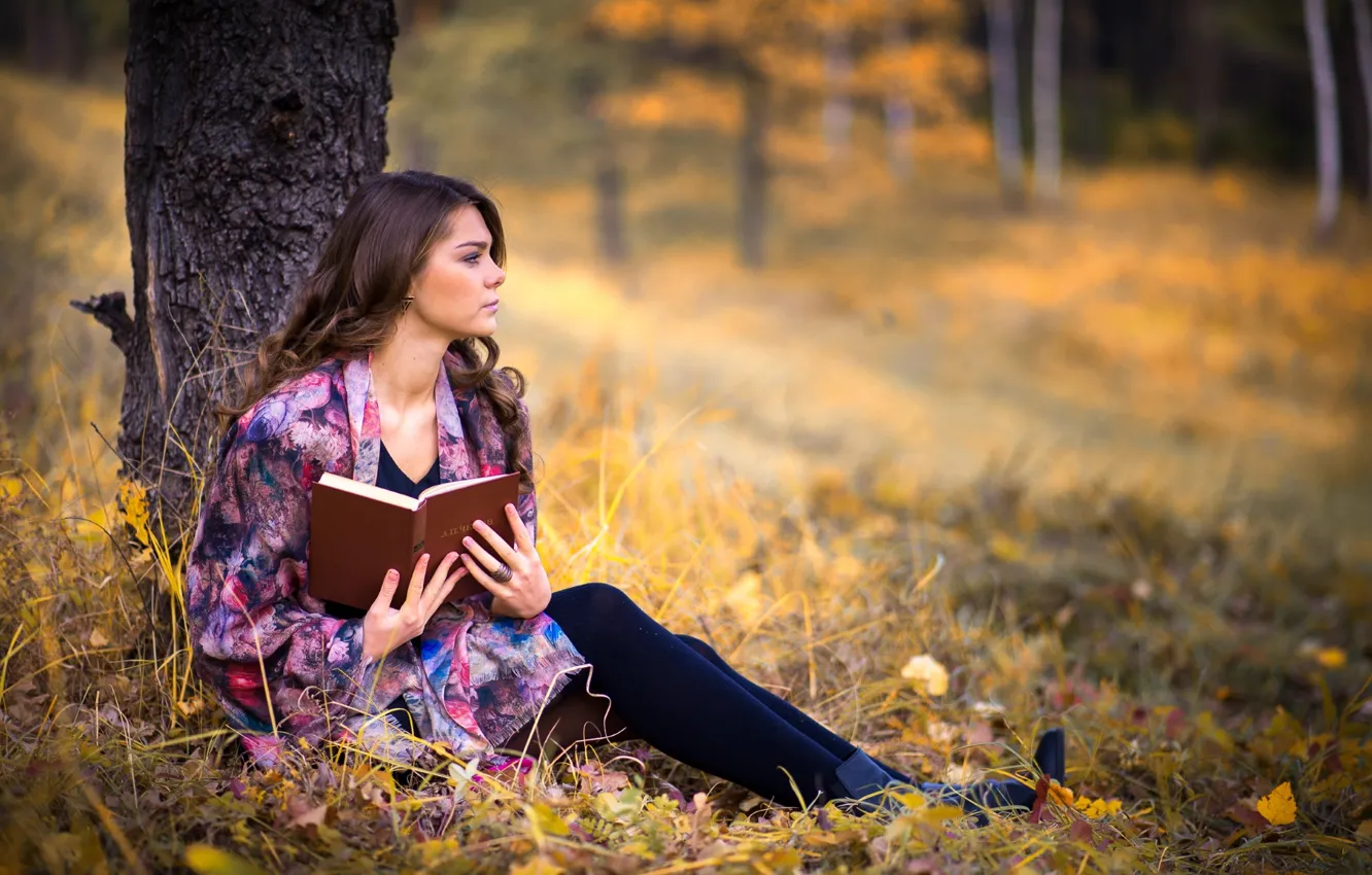 Photo wallpaper autumn, girl, reverie, tree, book