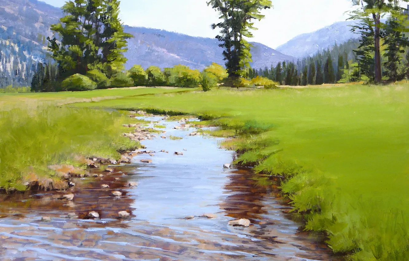 Photo wallpaper forest, grass, trees, landscape, mountains, stream, shore, valley