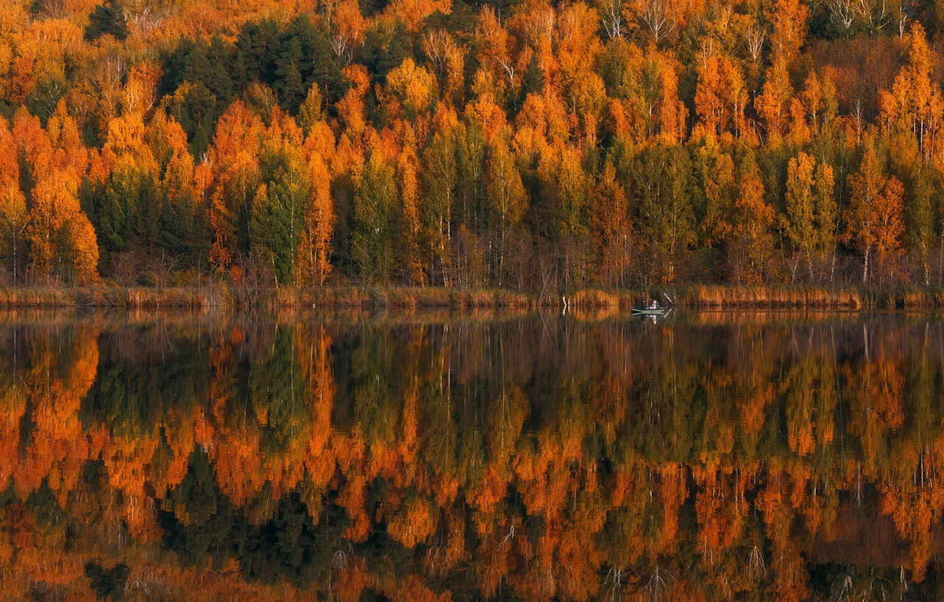 Photo wallpaper autumn, forest, trees, nature, reflection, people, boat