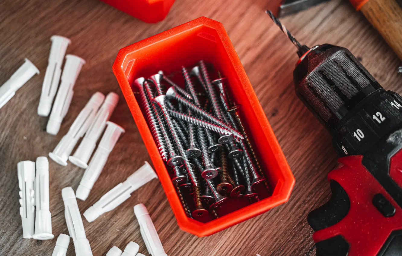 Photo wallpaper tools, screws, red box, dowels