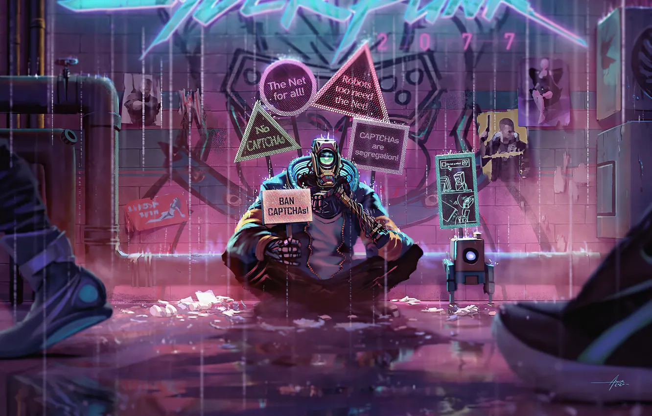 Photo wallpaper sadness, rain, one, robot, humor, robot, cyberpunk, rain