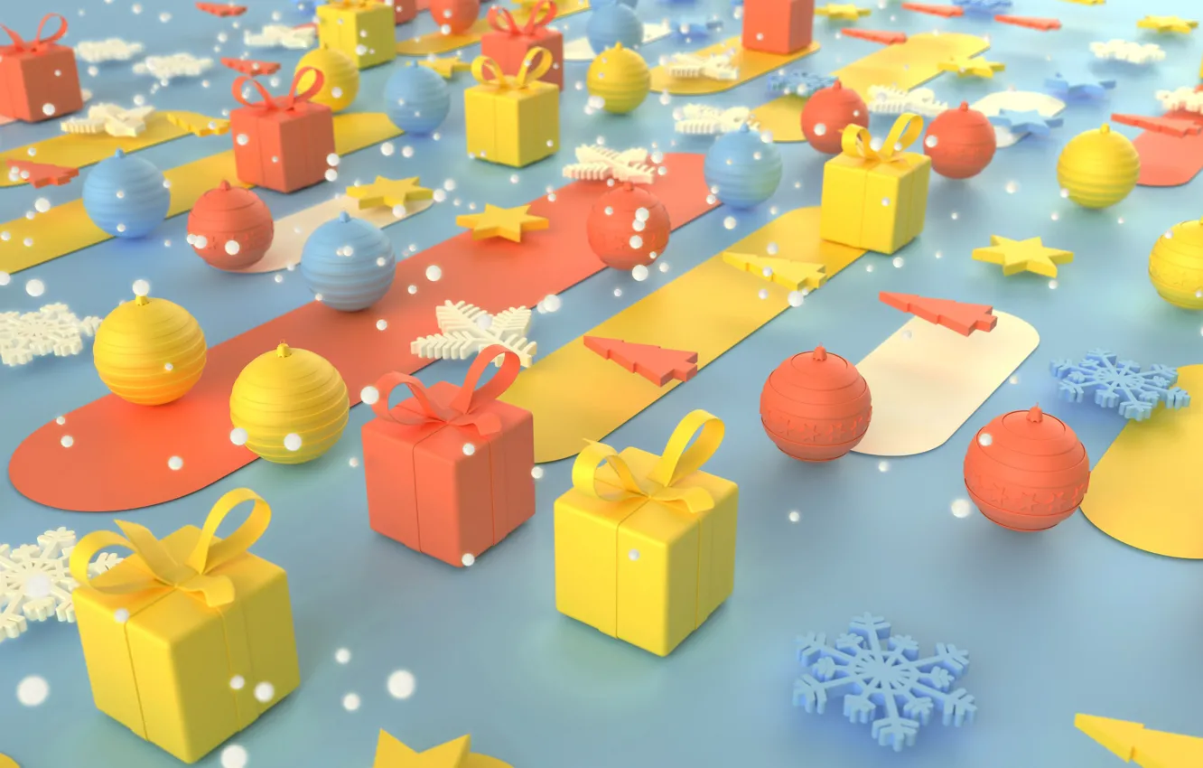 Photo wallpaper balls, snowflakes, rendering, holiday, graphics, Christmas, gifts, New year
