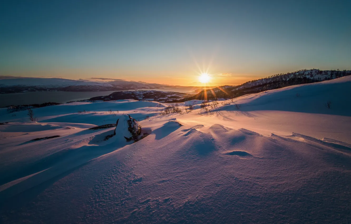 Photo wallpaper winter, the sun, snow, sunset