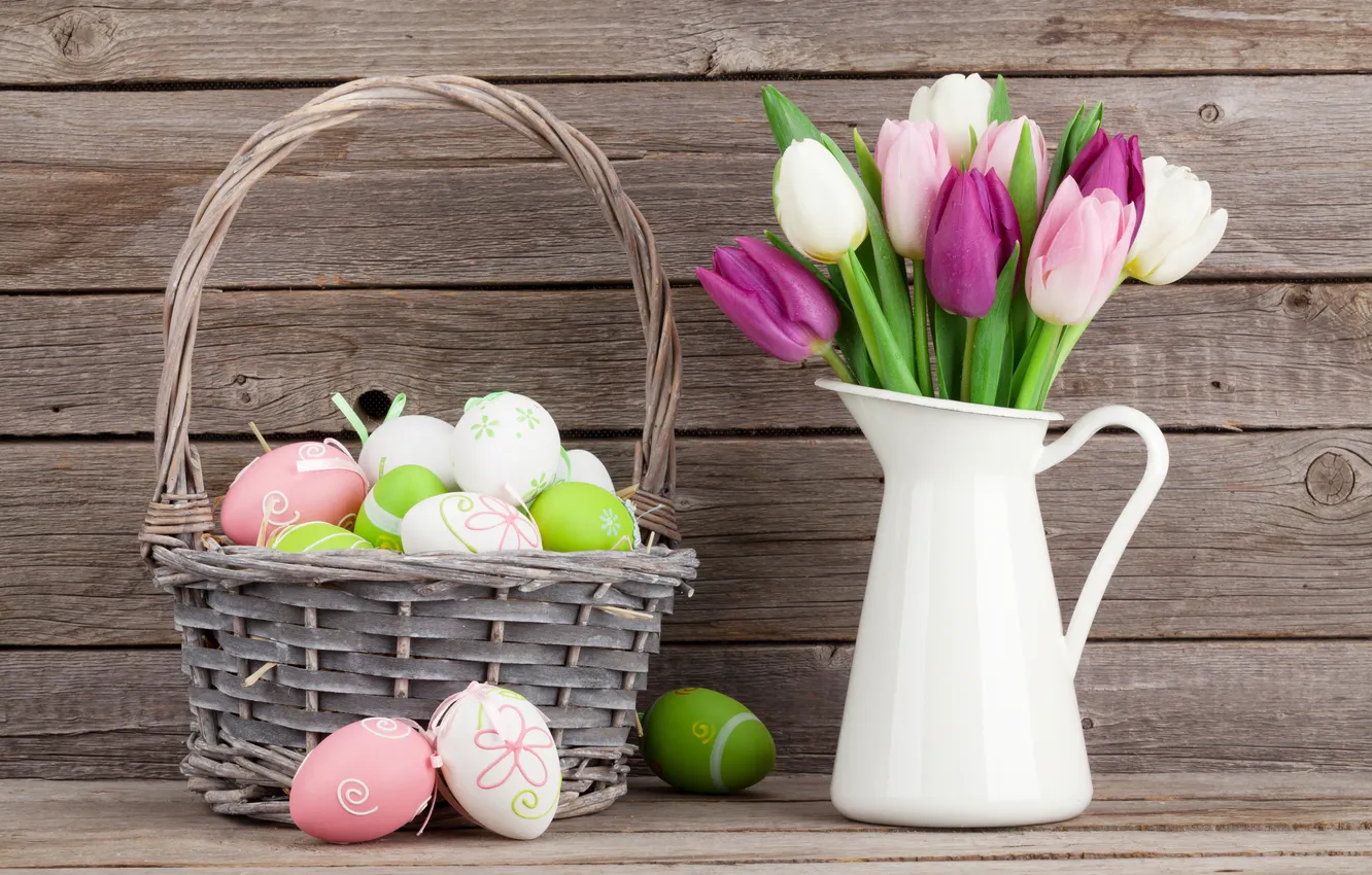 Photo wallpaper flowers, eggs, spring, colorful, Easter, wood, pink, flowers