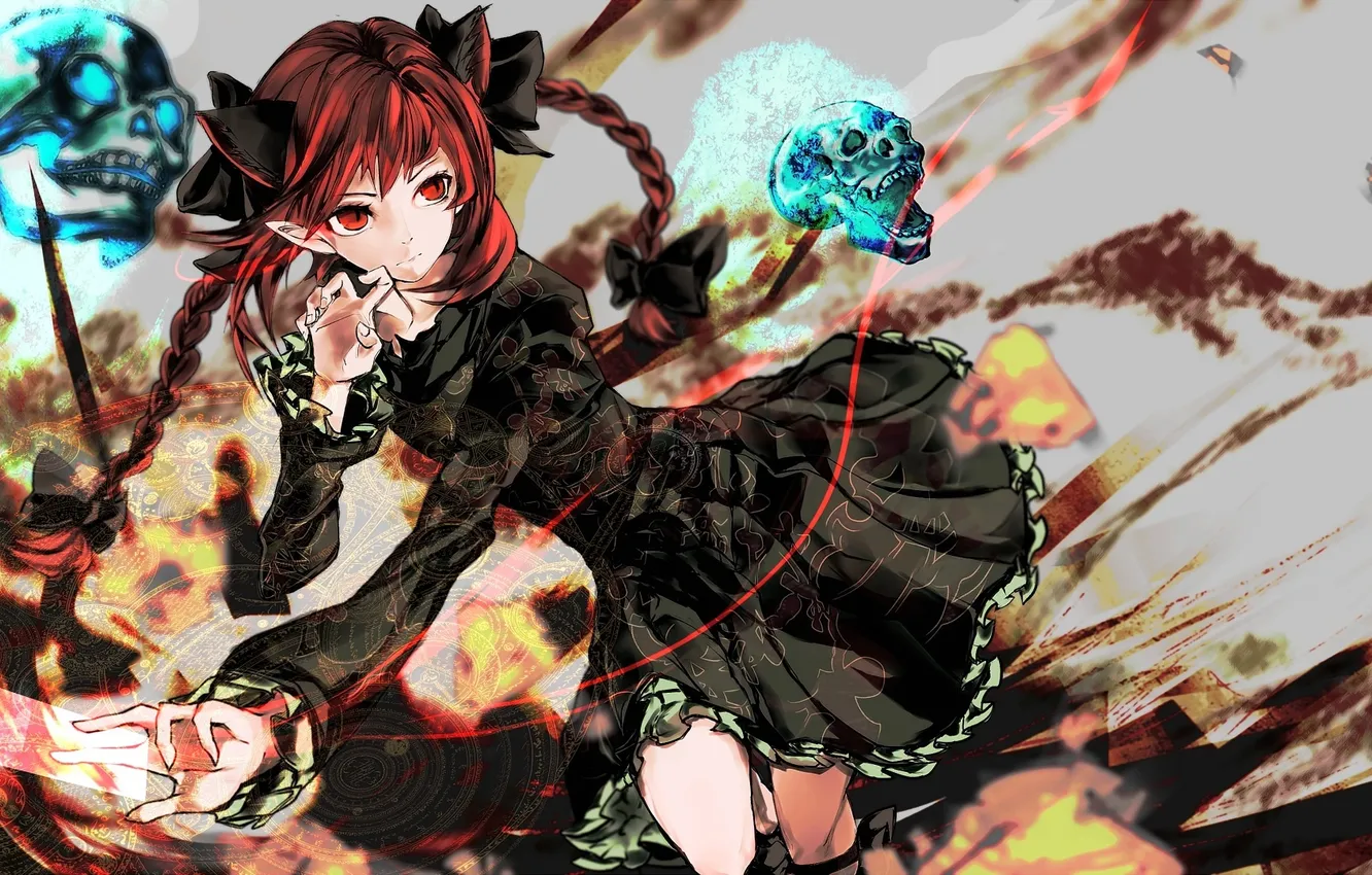 Photo wallpaper girl, skull, art, ears, touhou, kaenbyou rin, The yutapo