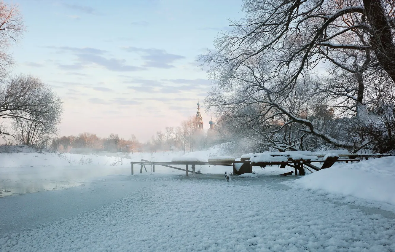 Photo wallpaper winter, bridge, river, The Church Of The Intercession Of The Blessed Virgin Mary