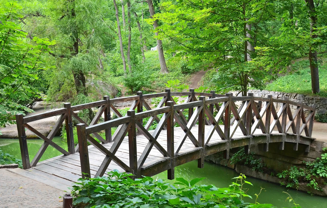 Photo wallpaper trees, bridge, nature, Ukraine, Uman, The national arboretum, Sofiyivka, The Tempe valley