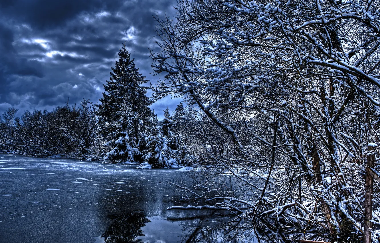 Photo wallpaper winter, water, snow, nature, photo, spruce