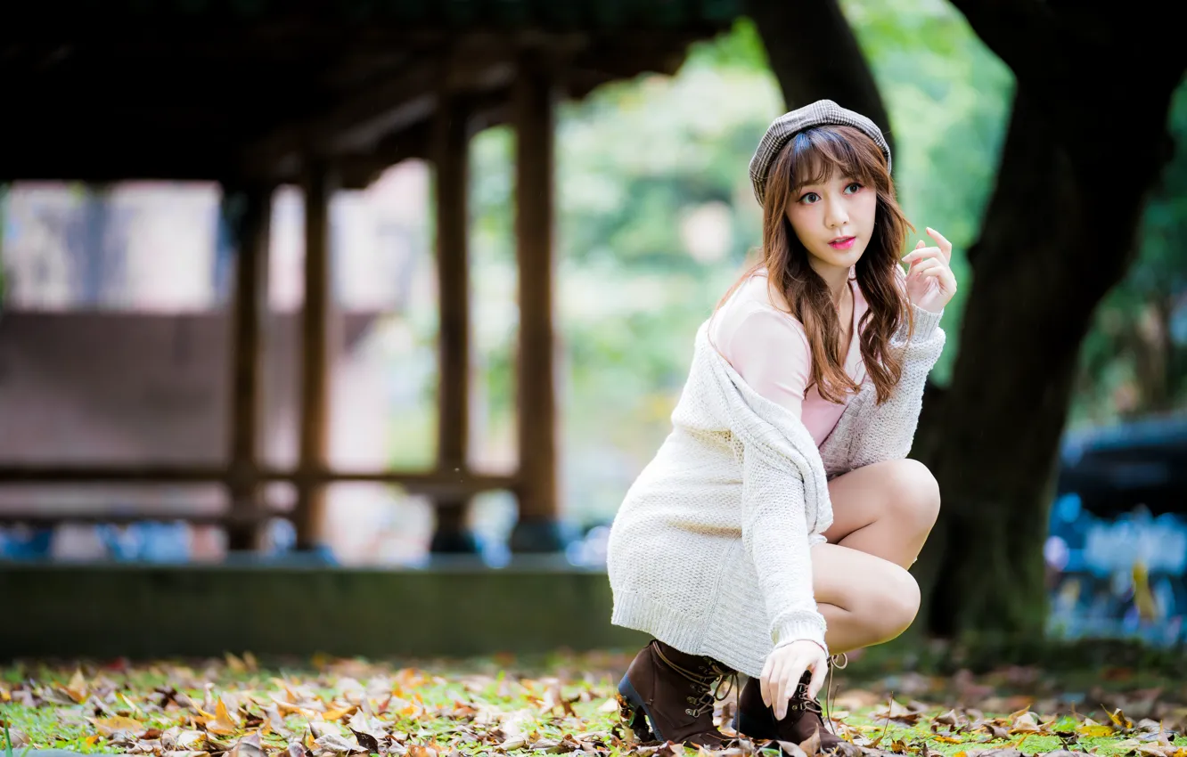 Photo wallpaper girl, pose, Asian, cutie, bokeh, knees