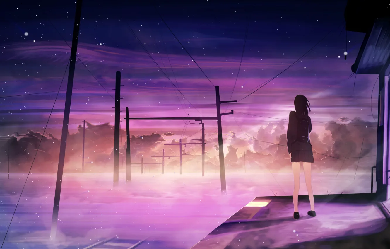 Photo wallpaper the sky, girl, snow, fog, station, the evening, power lines