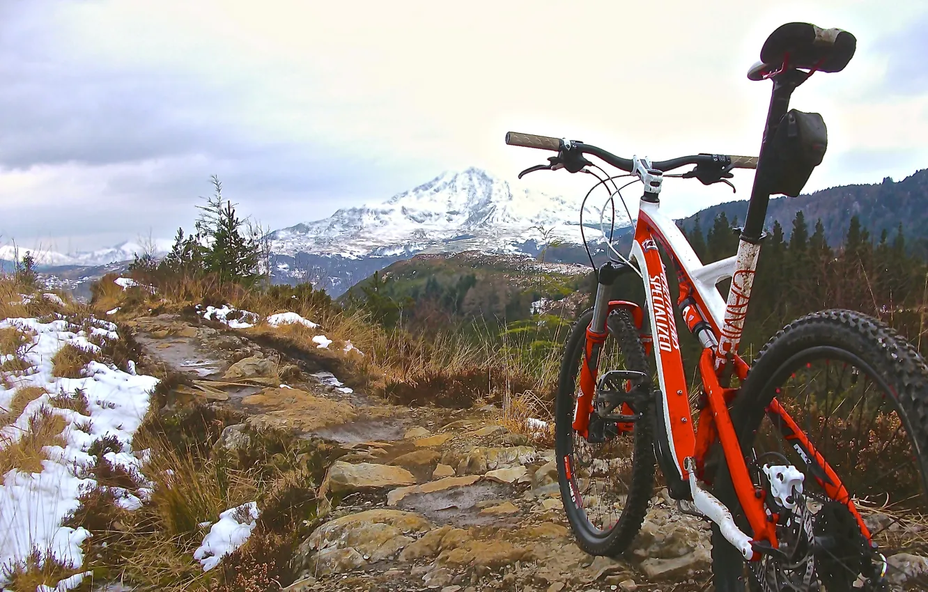 Photo wallpaper mountains, nature, sport, halt, mountain bike