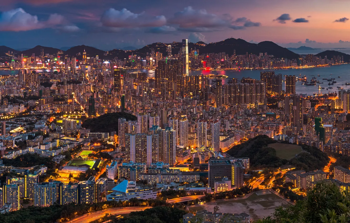Photo wallpaper China, Hong Kong, panorama, China, night city, Hong Kong