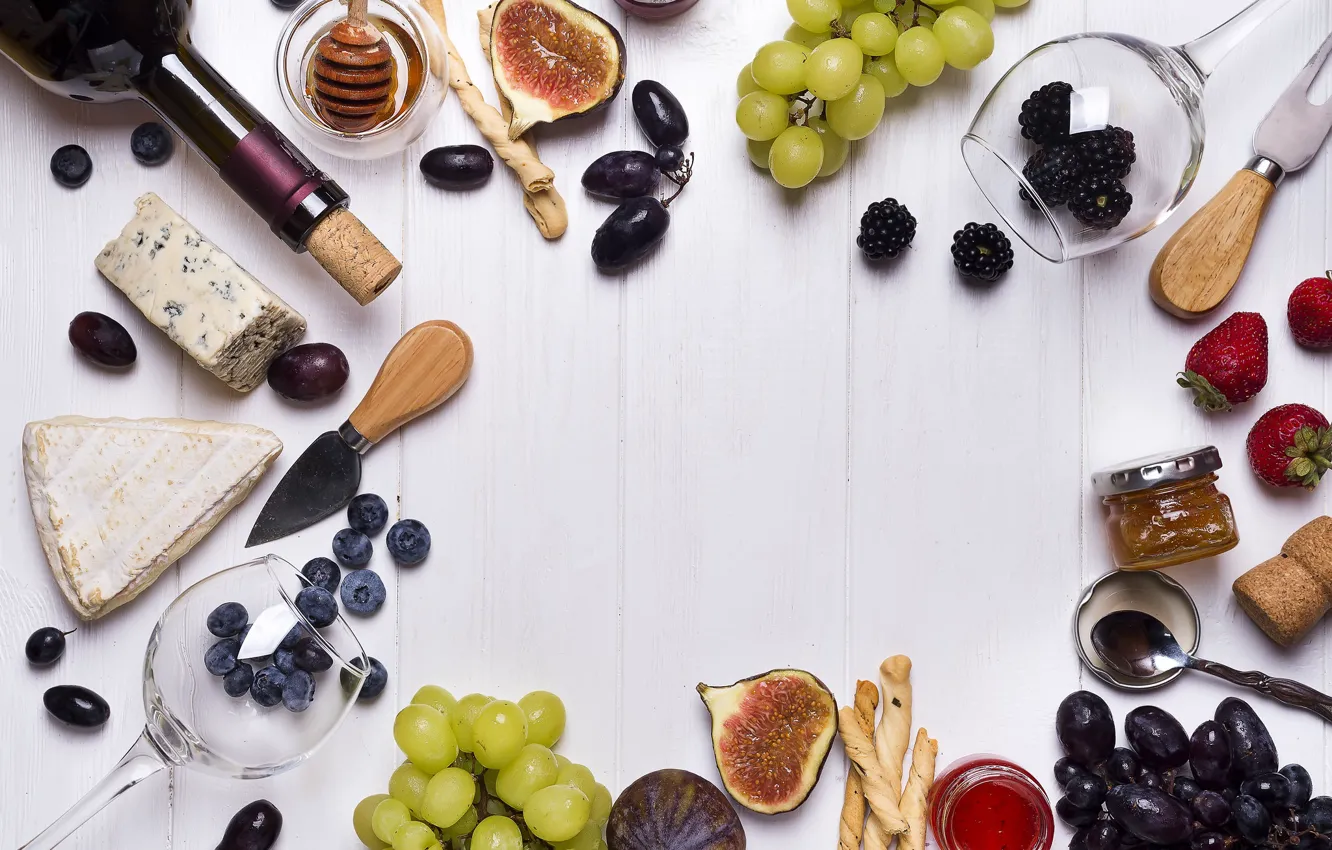 Photo wallpaper wine, glass, cheese, strawberry, grapes, BlackBerry, jam, blueberries