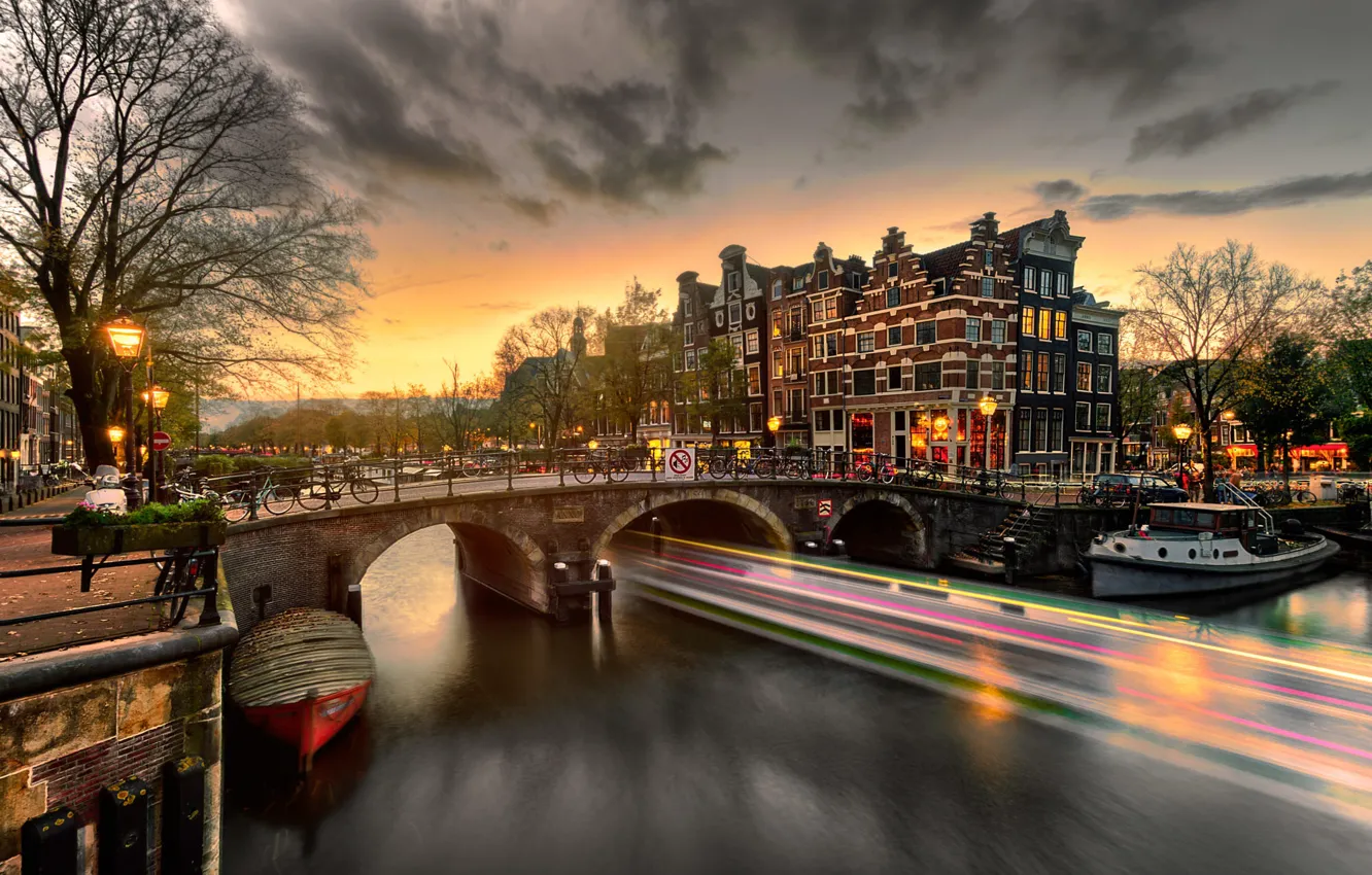 Photo wallpaper machine, bridge, the city, home, the evening, lighting, Amsterdam, lights