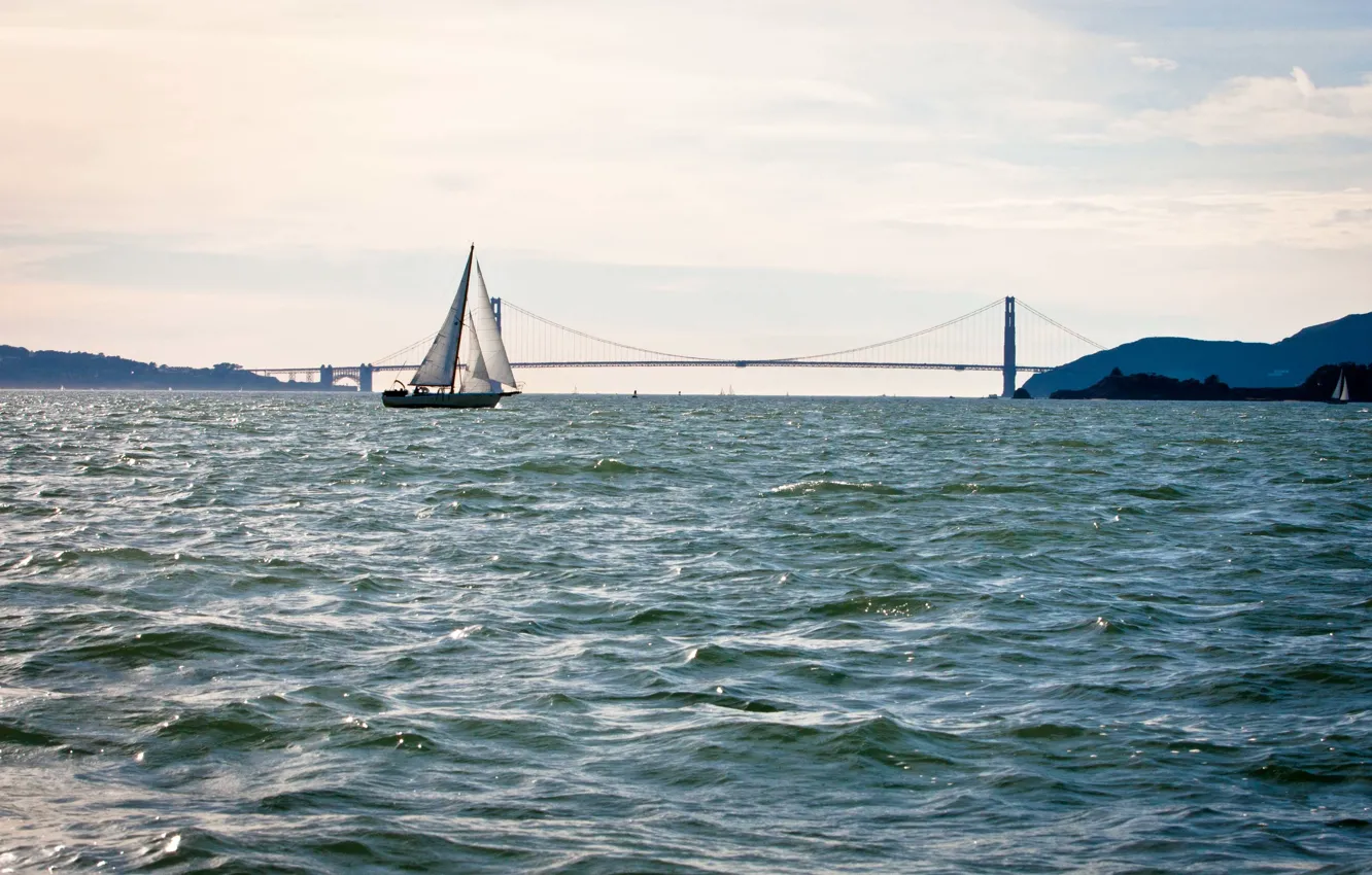 Photo wallpaper sea, bridge, yacht, sail