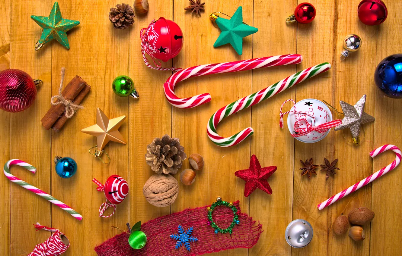 Photo wallpaper winter, stars, balls, holiday, toys, Board, Christmas, New year