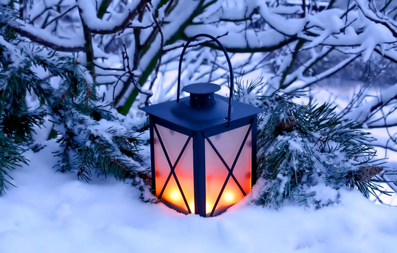 Photo wallpaper winter, snow, nature, candles, lantern, light, nature, winter