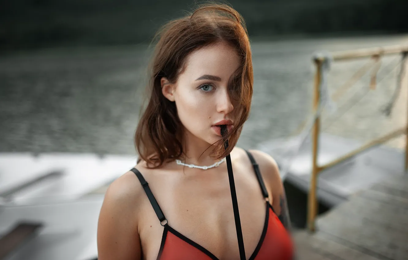 Photo wallpaper nature, water, lake, model, tattoo, women, brunette, boat