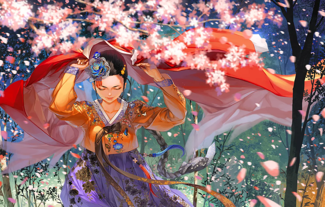 Photo wallpaper girl, flowers, nature, anime, petals, Sakura, art, braid