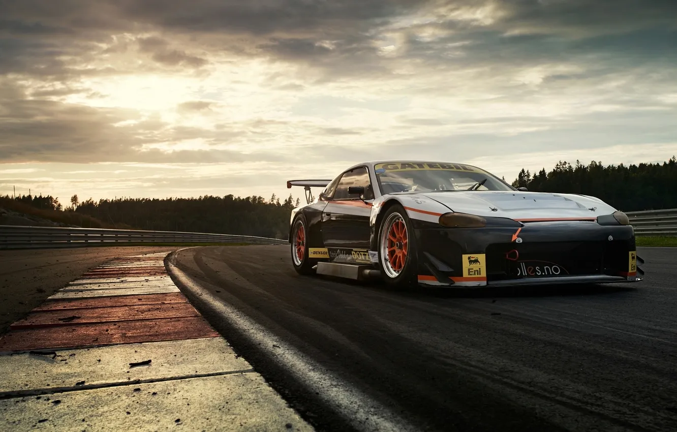 Photo wallpaper the sky, sunset, tuning, track, the fence, drift, Silvia, Nissan