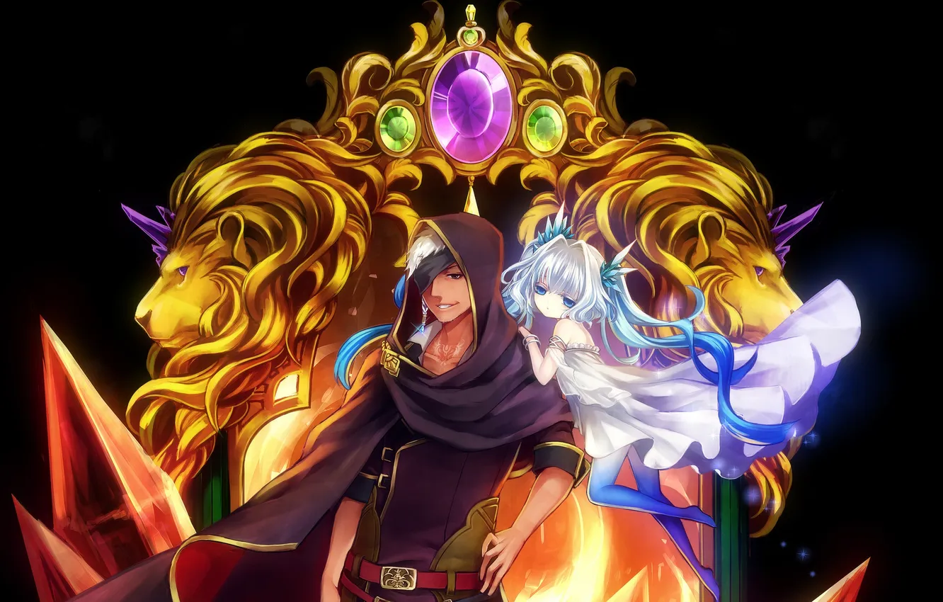 Photo wallpaper stones, Leo, hood, girl, headband, guy, cloak