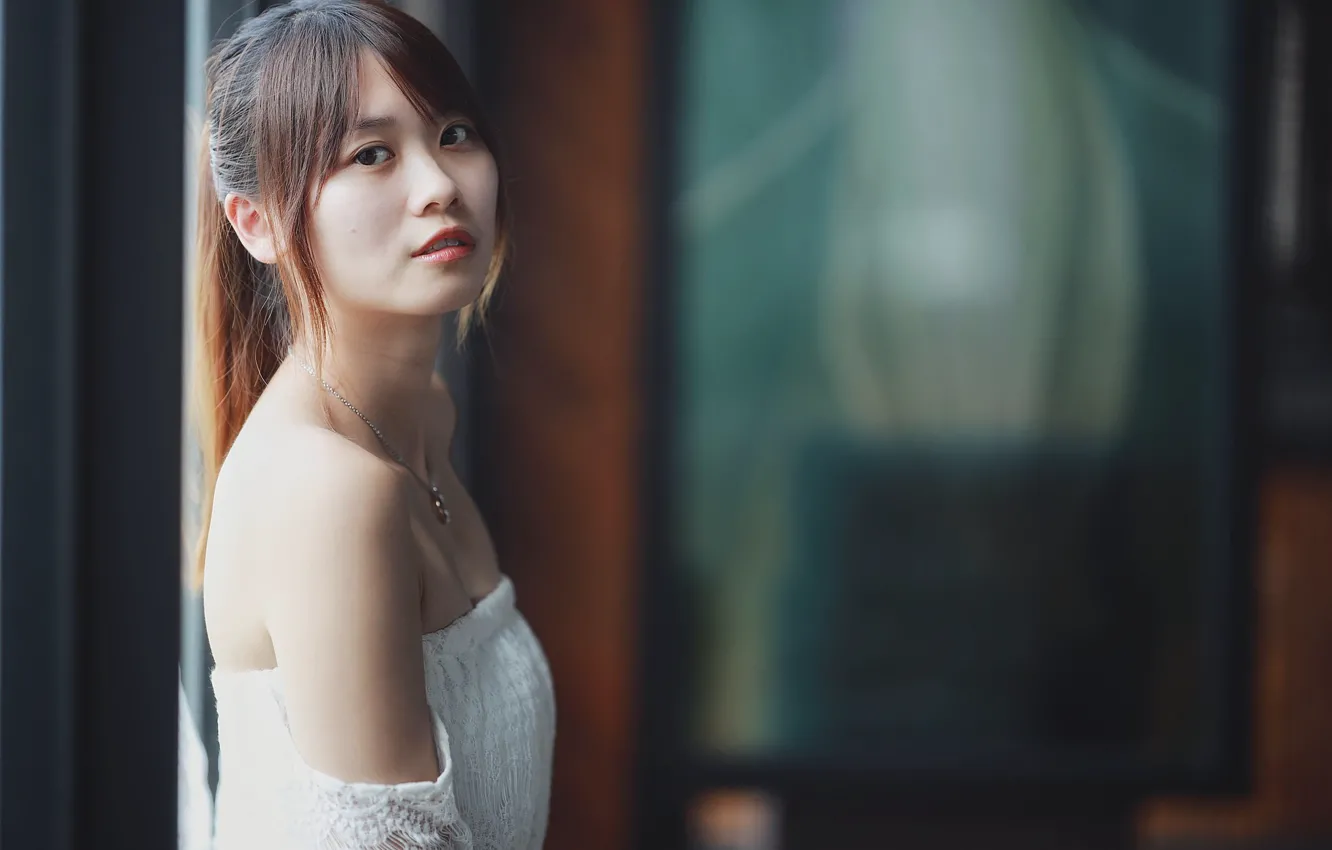 Photo wallpaper look, girl, Asian, bokeh