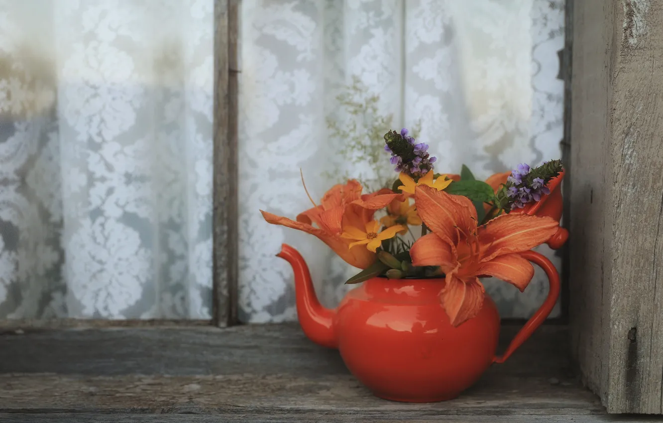 Photo wallpaper mood, kettle, a bunch, daylilies