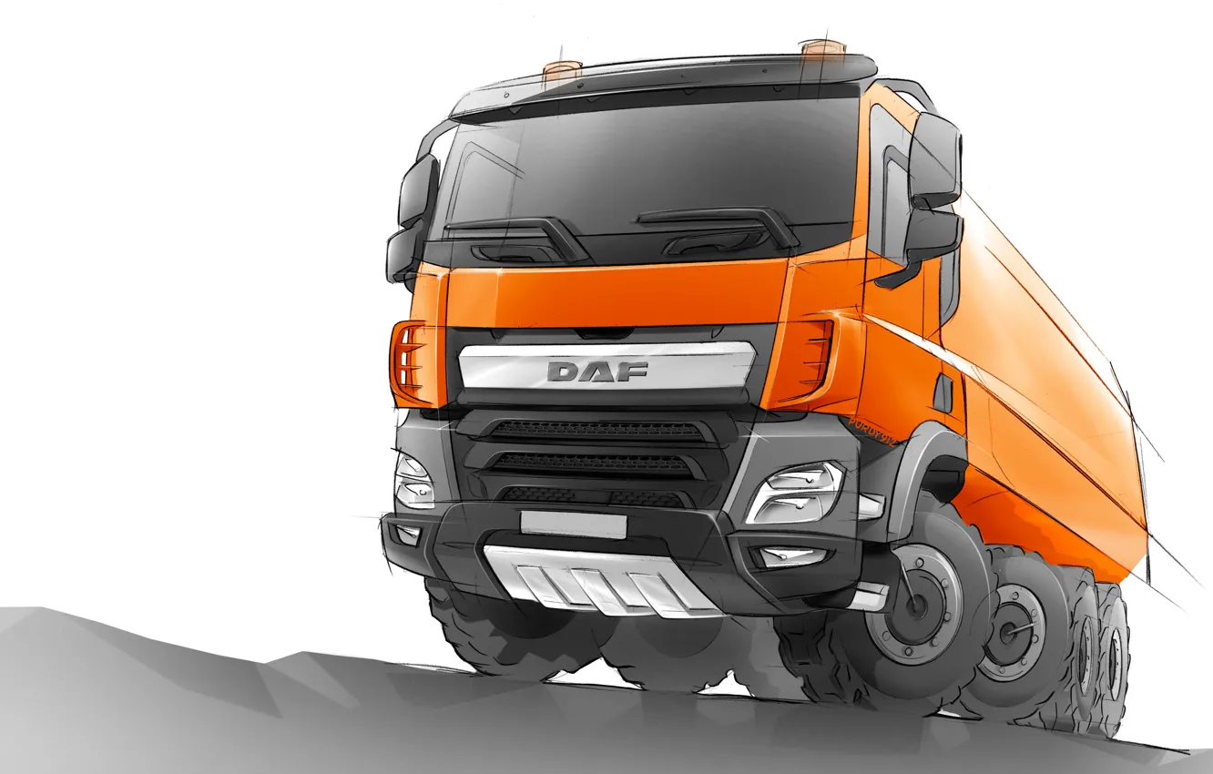 Photo wallpaper orange, figure, sketch, DAF, the sketch, DAF, dump truck, 8x4