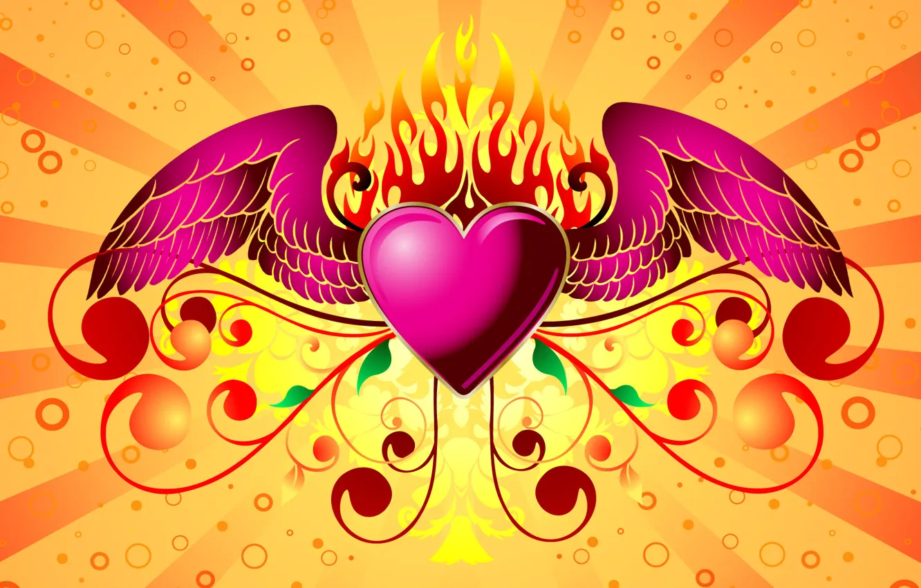Photo wallpaper love, background, fire, heart, wings, Valentine's day, heart, valentines day