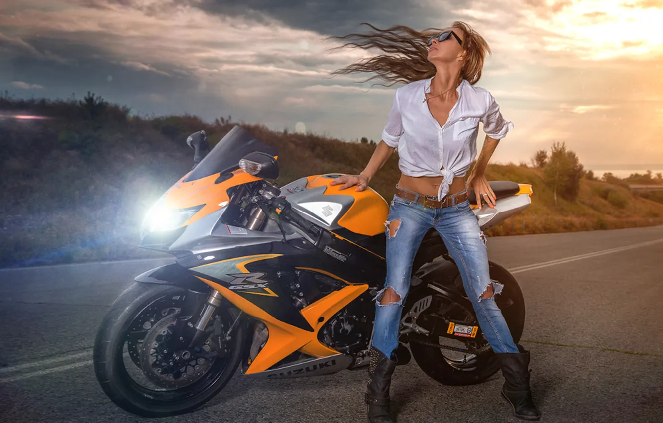 Photo wallpaper road, girl, motorcycle