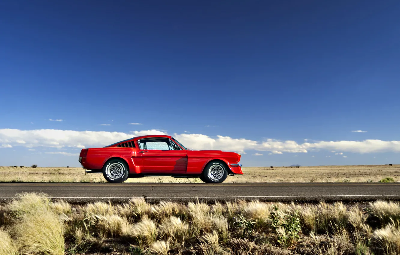 Photo wallpaper road, field, the sky, grass, clouds, hills, Mustang, Ford