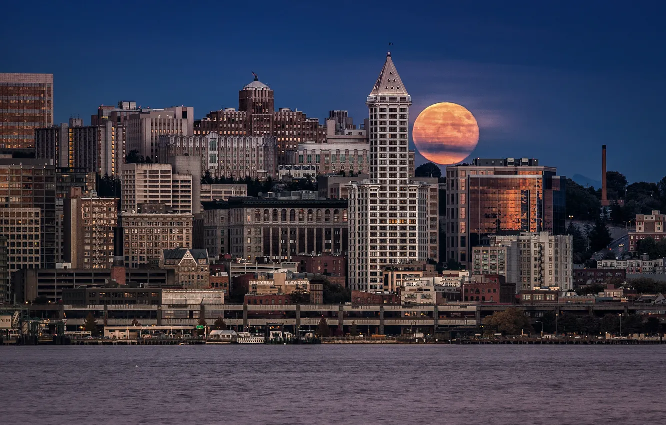 Photo wallpaper night, the city, the moon, home, USA, Seattle