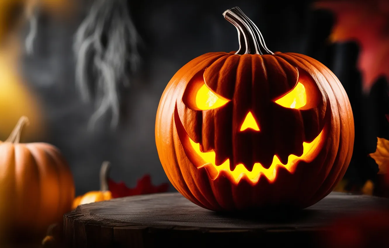 Photo wallpaper leaves, the dark background, pumpkin, Halloween, Halloween, faces, stand, Jack